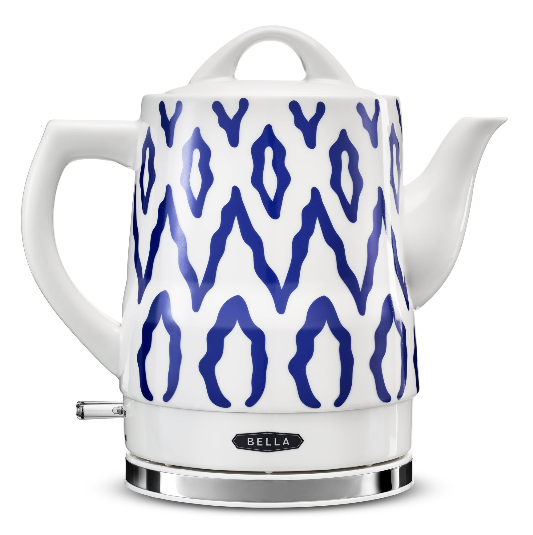White Ceramic Kettle with a blue pattern, an  Eco-Friendly Choice